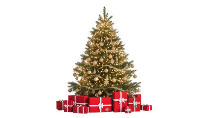 Decorated Christmas Tree with Golden Ornaments and Red Gift Boxes © Leon