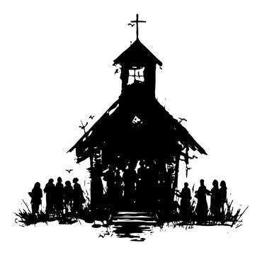 Rural church building with people silhouette vector illustration, country chapel in woodcut style, spiritual community gathering