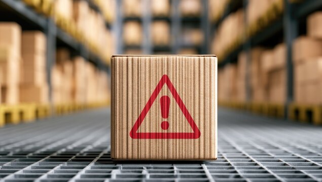 Cardboard box with red caution symbol in a warehouse