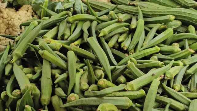 Fresh green okra on display, showcasing healthy vegetables, organic farming, fresh produce, nutrition, grocery shopping, and sustainable agriculture.