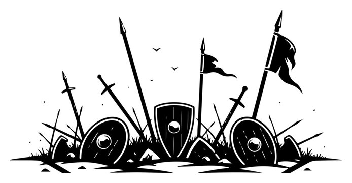 Medieval battlefield weapons and shields vector illustration, swords and spears in ground after battle, fantasy warfare graveyard silhouette