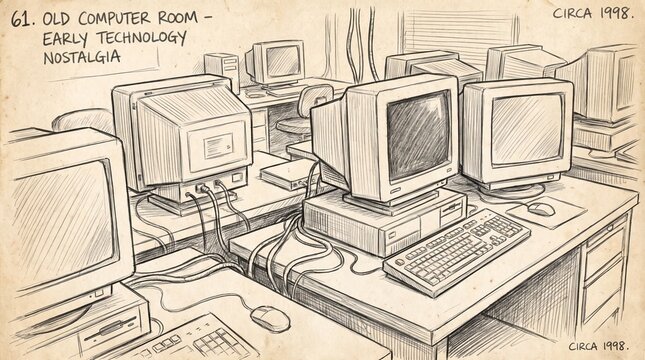 Retro technology concept illustration showing old computer equipment and office desks with computer technology keyboard computing hardware electronic engineering workplace illustration