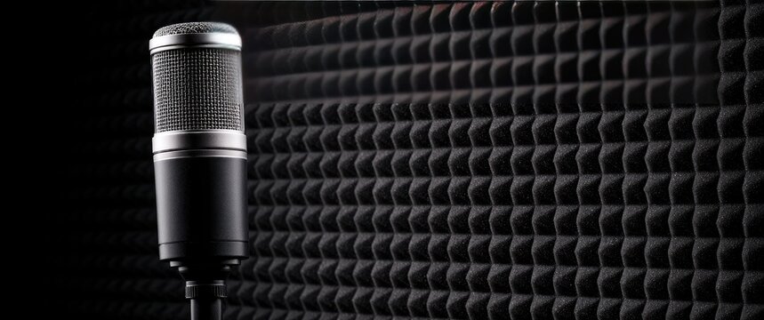A silver and black microphone stands in front of a textured dark grey acoustic foam wall