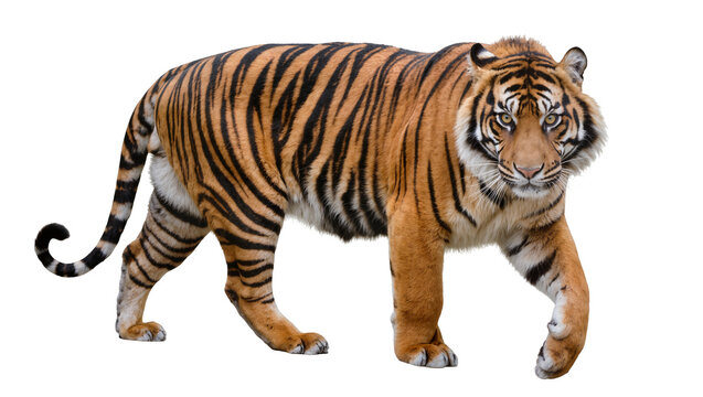 Bengal tiger walking forward full body view, white