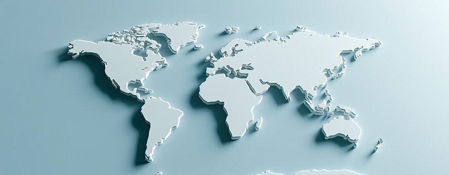 A stylized, raised world map illustration with a soft blue background