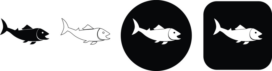Fototapeta premium Set of four displaying a fish with an open mouth, rendered in solid black, outline, circle, and square frame styles