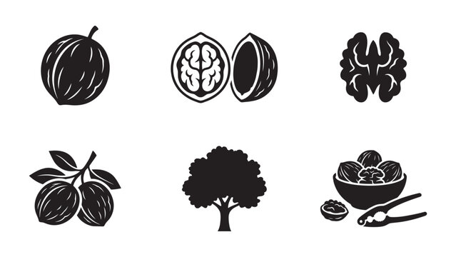 Set of walnut icons showing nut fruit tree and bowl.
