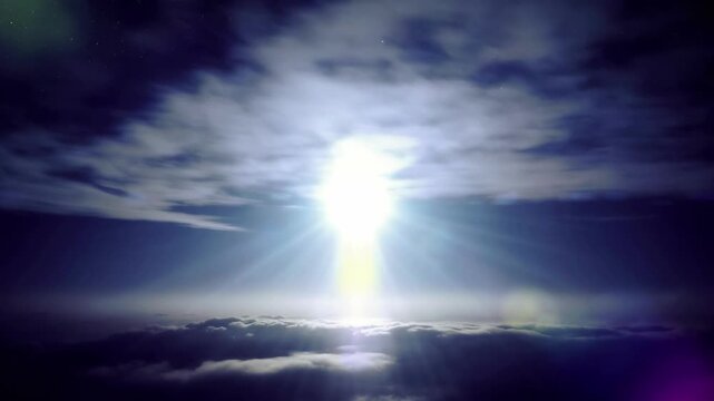 Bright Sunburst Light Shining Through Dark Clouds at Night for Dramatic Cinematic Background