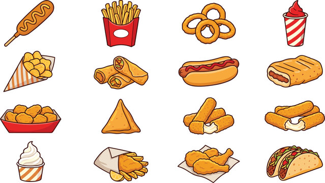 Fast food and junk food vector icon set featuring french fries burger hot dog corn dog chicken nuggets tacos and snacks on white background