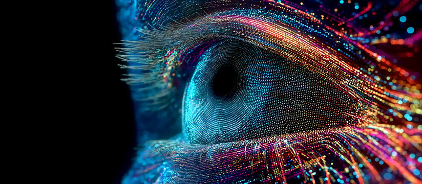Futuristic Digital Cyber Eye Made of Glowing Particle Data Lines for AI Biometric Security and Tech Concept