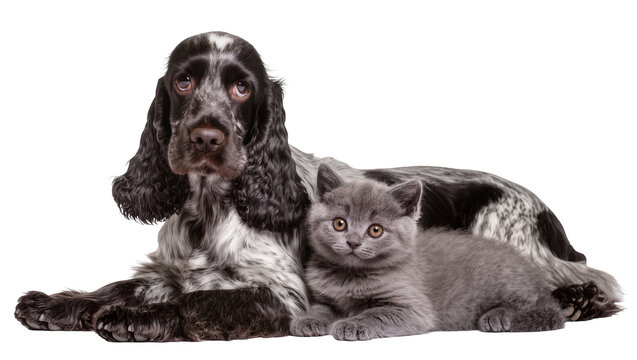 English Cocker Spaniel dog and British Shorthair kitten resting together