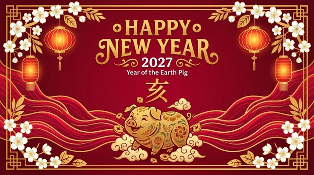 Happy new year 2027 year of the earth pig chinese lunar new year greeting card