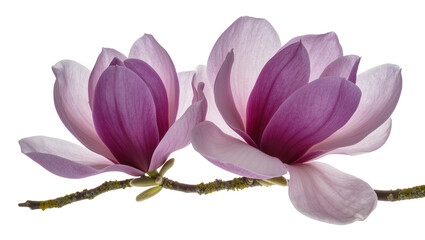 Two purple and pink magnolia flowers on a branch © Anna
