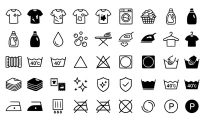 Fototapeta premium Laundry and T Shirt Care Line Icon Set with Clean Dirty Wash Dry Iron and Fabric Hygiene Symbols Editable Vector Collection