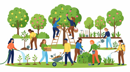 Naklejka premium People gardening and harvesting in a vibrant, productive garden