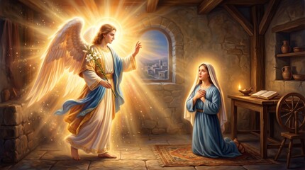 Fototapeta premium Angel Gabriel appearing to young woman Mary in classic biblical annunciation scene. Divine glowing celestial being with lily visiting humble home. Religious faith and Christmas concept.