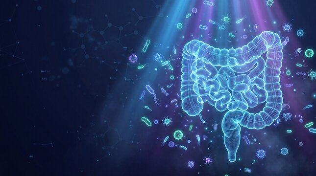 Glowing blue human intestine with bacteria and viruses floating around it in a dark background with beams of light shining down on the microbes and intestinal tract