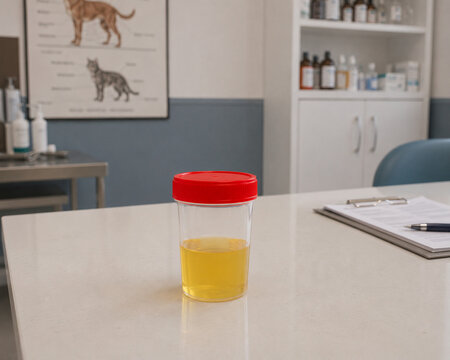Urine sample container on veterinary clinic examination table