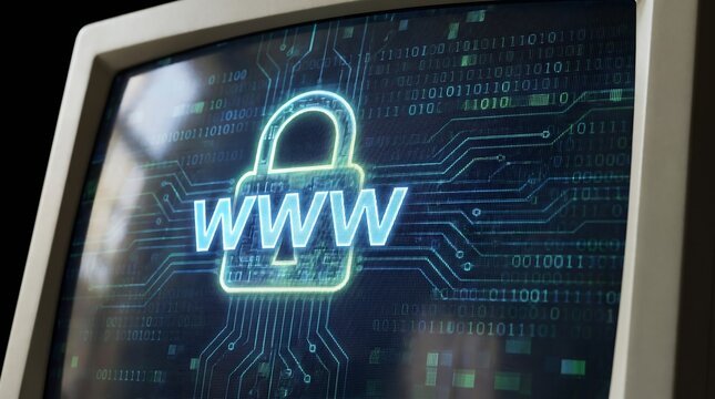 Closeup on LCD screen with focus on www padlock. Internet security cybersecurity concept. 3d illustration