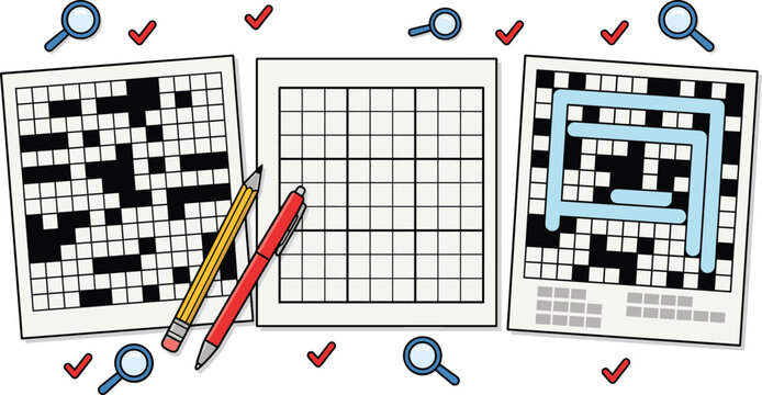 Mind puzzle vector illustration set with crossword sudoku word search paper grids pencils pen magnifying glass and logic game icons