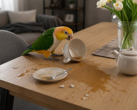 Parrot knocking over teacup on wooden table indoors