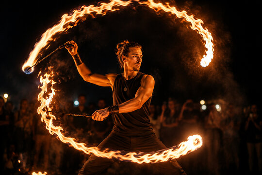 Man performing fire poi dance against dark night background
