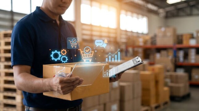 Logistics worker holding box and tablet with digital e-commerce and supply chain icons overlaying warehouse background for efficient inventory management