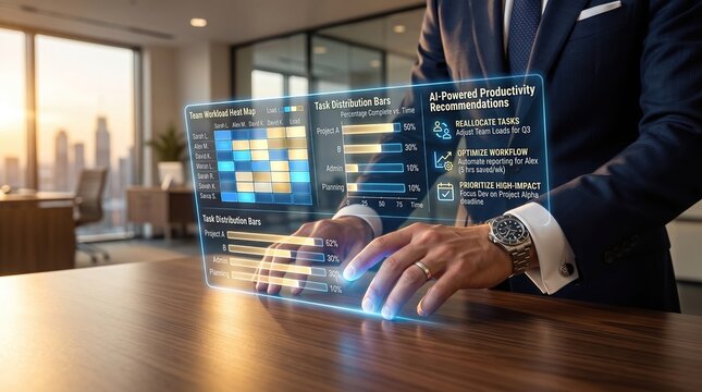 Businessman's hands interacting with holographic workload balance dashboard showing AI productivity recommendations and team heat map in luxury corporate office with warm golden hour lighting and stro