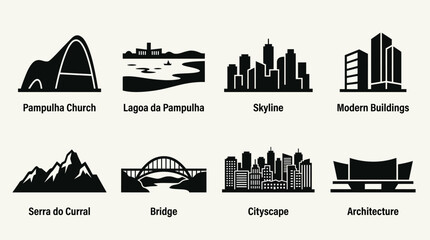 Obraz premium Belo Horizonte Landmark Vector Icons Pampulha Church Lake Skyline Modern Buildings Mountains Bridge Cityscape Mineirão Stadium Brazil Architecture Design Collection