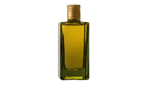Rectangular glass bottle with golden cap filled with golden olive oil