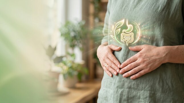 Woman holding hands on stomach with glowing digestive system icon. Concept of gut health, digestion support, natural medicine and probiotic treatment for healthy gastrointestinal tract.