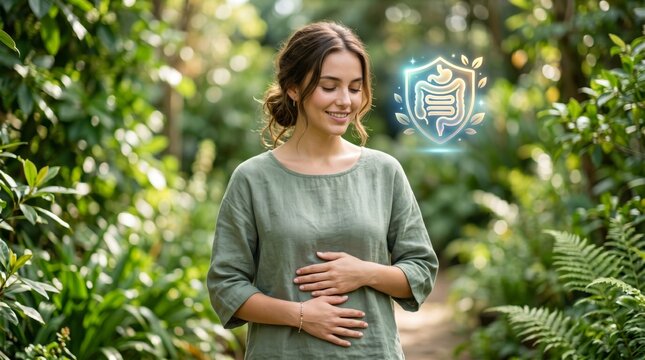 Woman touching stomach with glowing gut health shield icon in nature. Digestive system support and probiotic concept. Healthy lifestyle, wellness and natural body care representation.