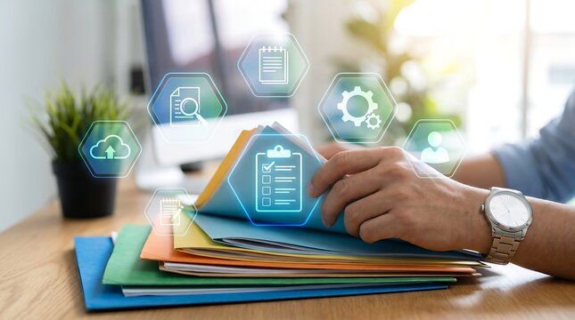 Professional office worker organizing documents with digital interface icons overlay to visualize data management and business workflow organization in a modern corporate workspace environment
