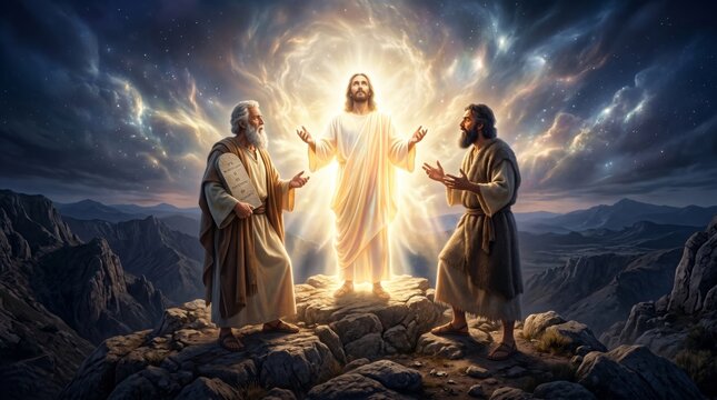Jesus Christ standing with Moses and Elijah on a mountain top. Biblical scene of the transfiguration with divine light and starry sky background. Religious art for Christian faith.