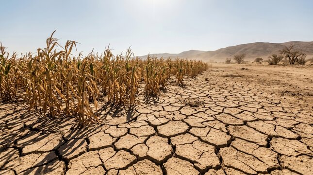 Dried corn field with cracked earth ground in drought. Climate change crisis and agricultural disaster. Global warming impact on farming and food security. Extreme heat weather pattern.