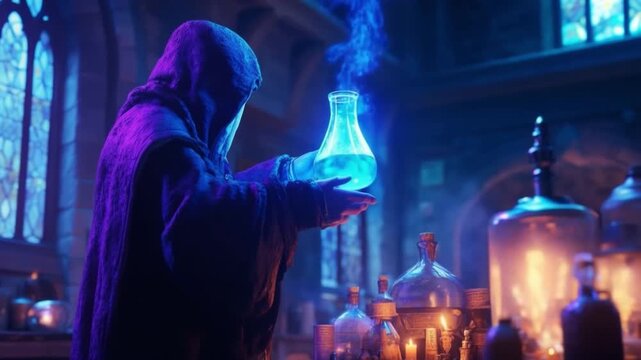 Mysterious Alchemist Holding a Glowing Blue Potion in an Enchanting Laboratory Setting with Magical Elements for Fantasy and Science Fiction Fans. Generative AI