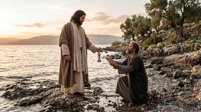 Jesus handing a key to Peter by the sea. Man kneeling in reverence before a spiritual figure. Religious concept of authority and faith. Biblical scene at sunset for ministry resource.
