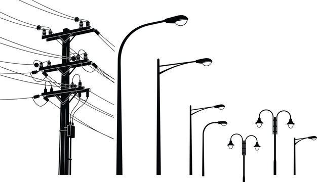 Urban streetlight and utility pole silhouettes set for infrastructure design city planning lighting fixture reference and catalog