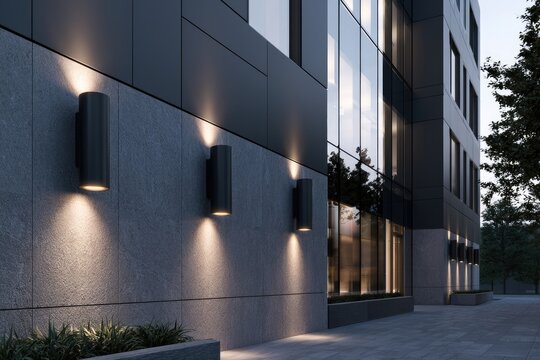 Sleek exterior lights illuminate textured wall on modern building