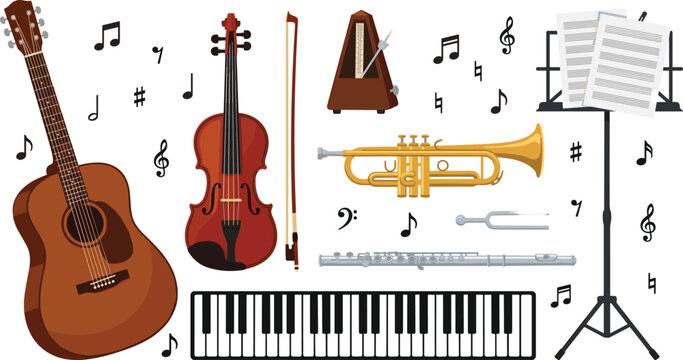 Musical instruments vector illustration collection featuring acoustic guitar violin trumpet flute piano keyboard sheet music stand metronome and musical notes icons