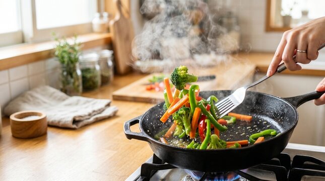 熱したフライパンで炒める新鮮野菜