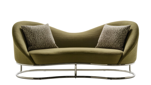 Modern olive green sofa with patterned cushions and chrome base