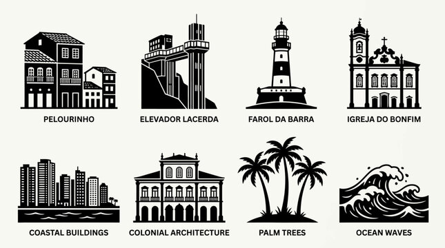 Salvador Landmark Vector Icons Pelourinho Houses Elevador Lacerda Farol da Barra Igreja S&atilde;o Francisco Coastal Buildings Colonial Architecture Palm Trees Ocean Waves Design Collection