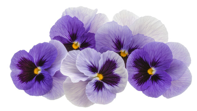 Purple and lavender pansy flowers with dark centers and yellow pistils