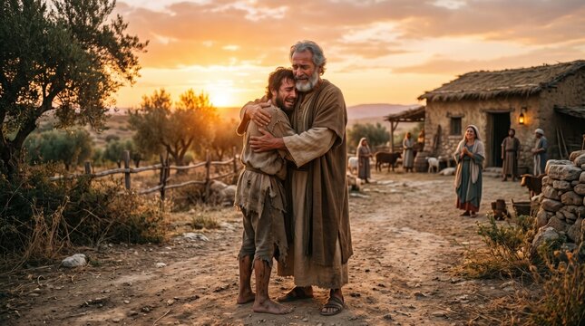 Father man embracing crying son man in ancient village. Prodigal son biblical scene at sunset. Concept of forgiveness, reconciliation, compassion and unconditional love in family.