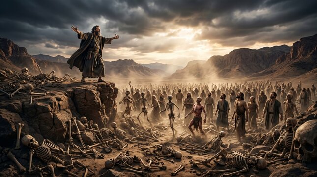 Prophet standing on a rock preaching to a crowd of skeletons and people in a desert. Biblical scene of resurrection. Religious vision of spiritual afterlife and divine miracle concept.