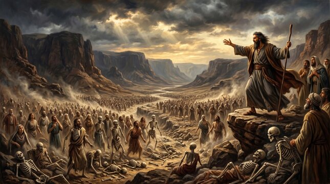 Prophet Ezekiel vision of valley of dry bone. Man preaching to resurrection of skeleton and crowd in desert. Biblical miracle scene, divine intervention, hope and faith religion theme.