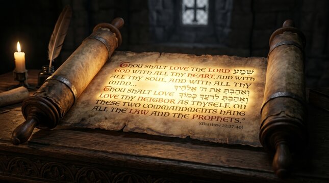 Ancient bible scroll with scripture verse on wooden desk. Holy torah opened with biblical text from Matthew. Christian religious concept for prayer, worship, study and divine wisdom.
