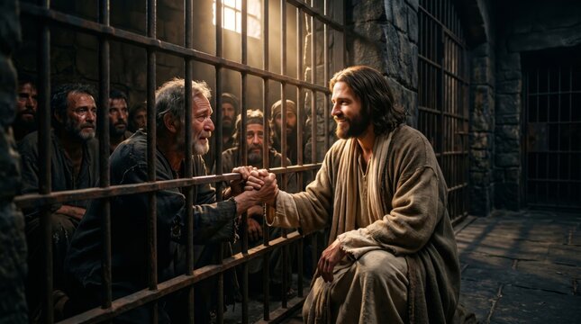 Jesus Christ visiting man in prison. Religious figure comforting prisoner behind iron bars. Biblical scene of compassion, hope, and ministry. Historical spiritual support and faith.