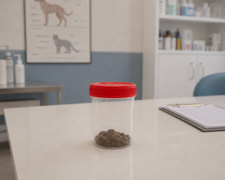 Fecal sample container on veterinary clinic table background
